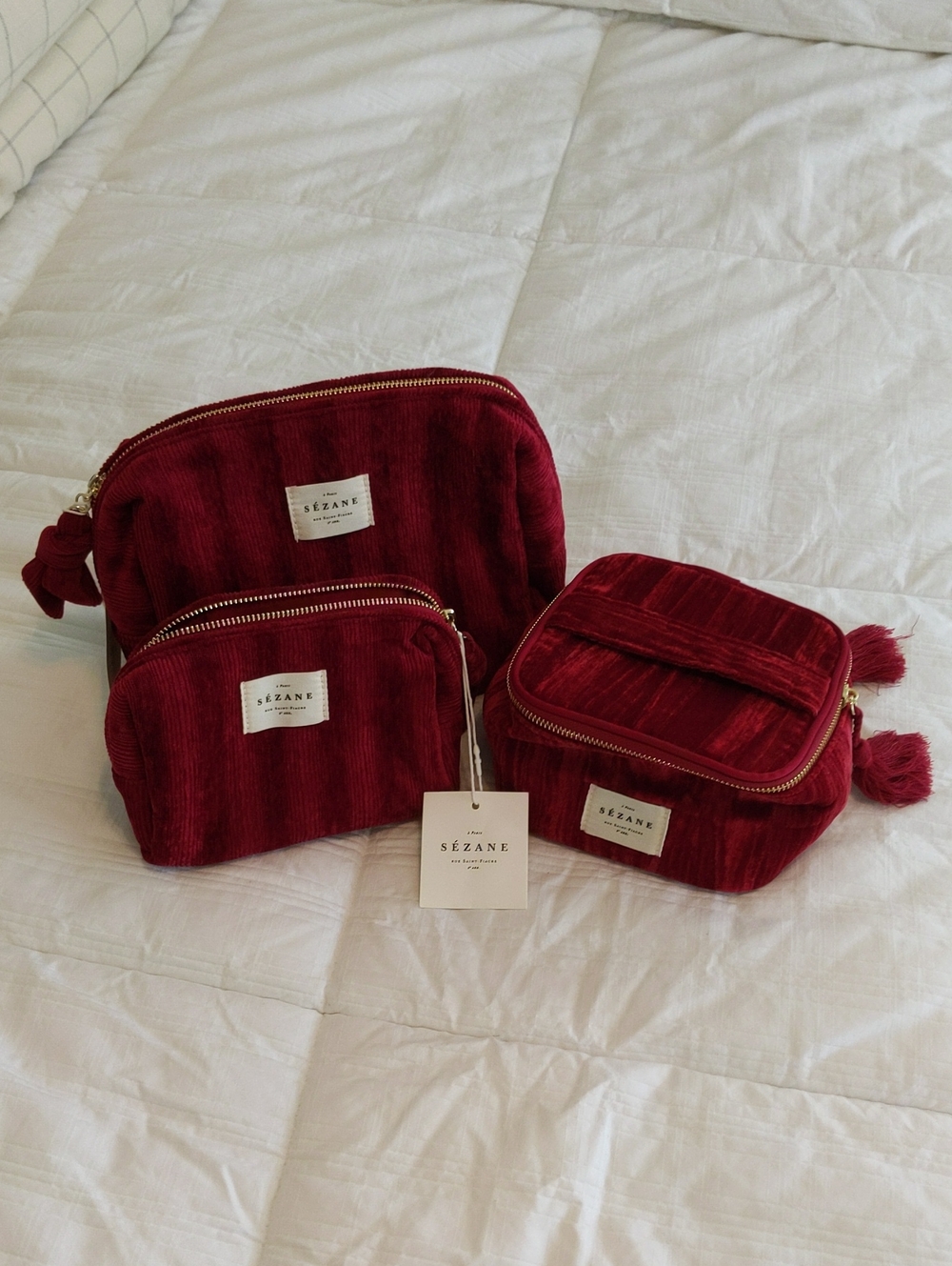 Sézane Velvet Vanity Bag Bundle (3) | Burgundy Cosmetic Travel Cases | NWT